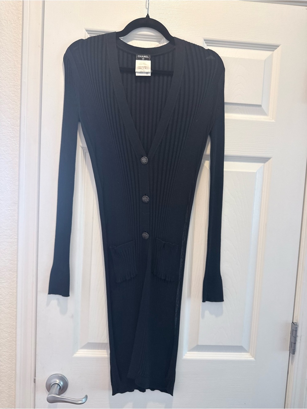 CHANEL Black Ribbed V-Neck Long Cardigan